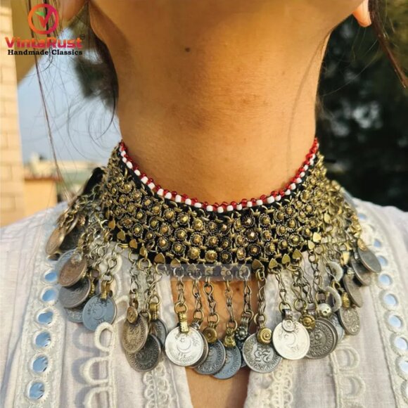 Handmade Statement Necklace With Dangling Coins, Tribal Ethnic Choker - Picture 1 of 6